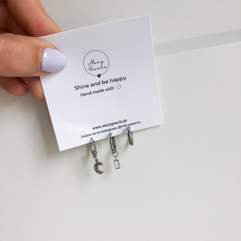 Conjunto de 3 Brincos Lua Prateada